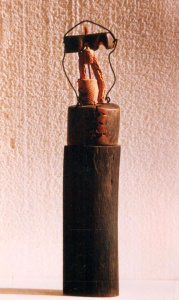 5. Spirit Lamp -R Tiku, stained wood, terracotta, paint and thread, 136 x 14 x 35 cm,